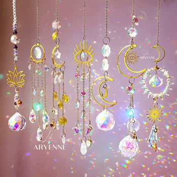 a lot of sun catchers hanging from the roof