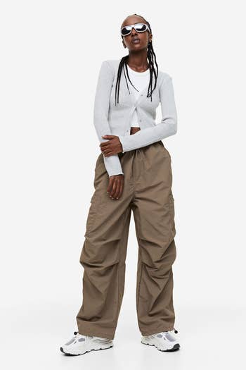 another model wearing pants in khaki