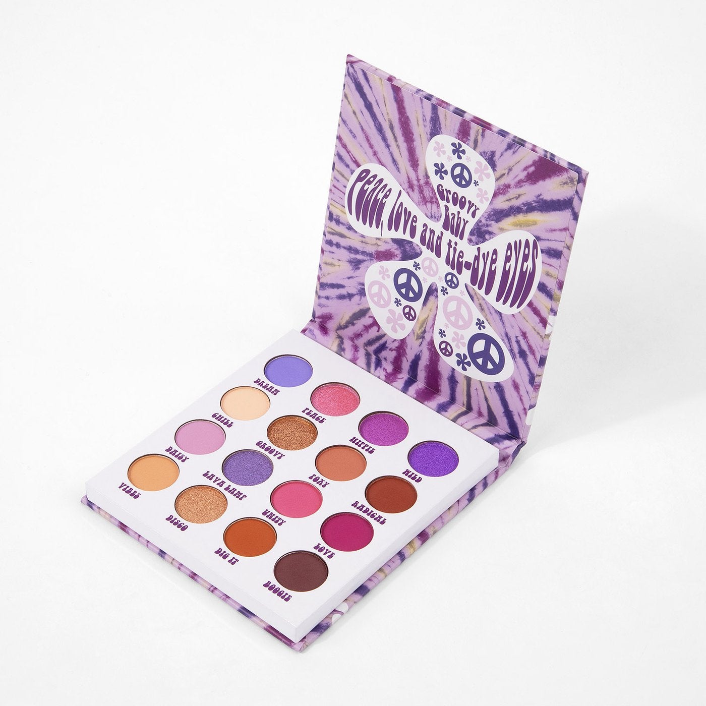a flower power themed eyeshadow palette with 16 different colors