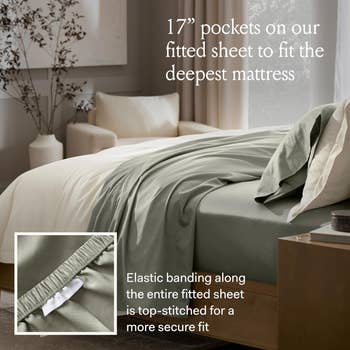Bedroom mounting with a furniture dressed successful fitted sheets, showing 17-inch pockets and a close-up of the elastic banding for a unafraid mattress fit