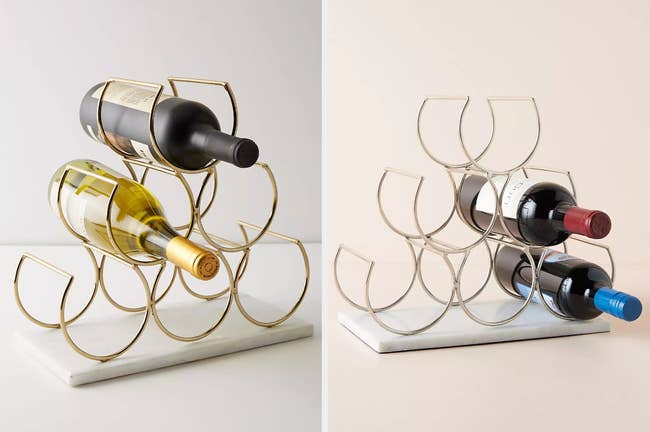 Two images of marble wine racks in gold and silver