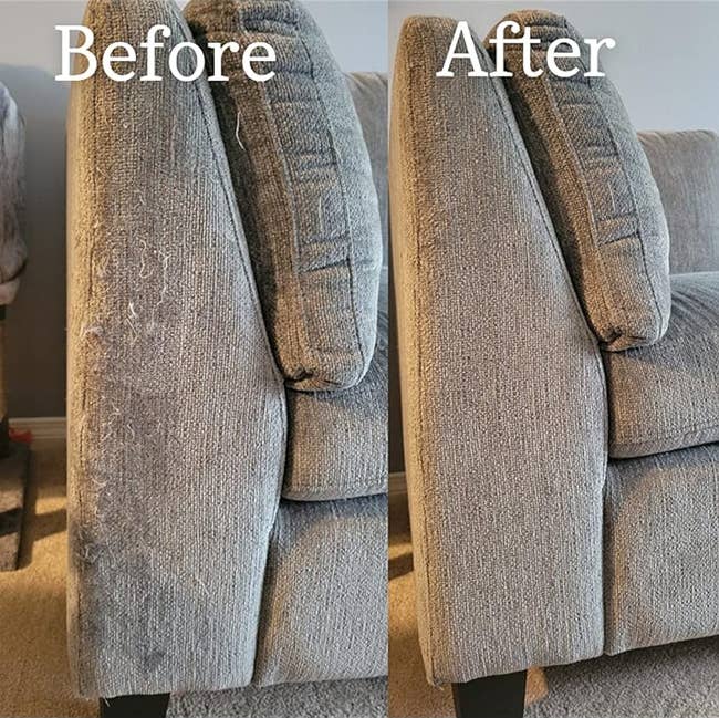 Two side-by-side images of a sofa armrest, 