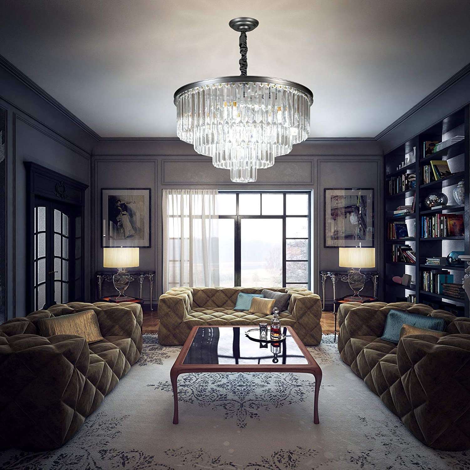silver four-tier chandelier in a living room