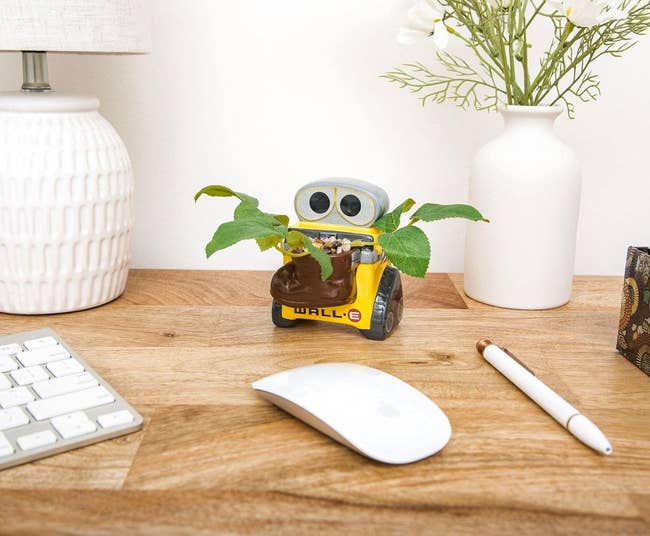 a tiny desk planter of wall-e