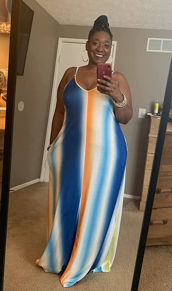 image of plus size reviewer wearing the blue and orange striped maxi dress