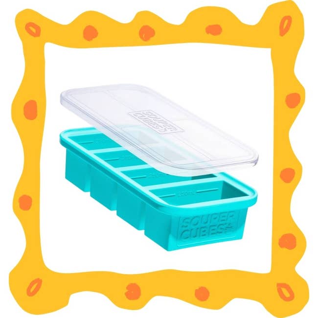 Souper Cubes tray with lid, featuring four compartments for freezing portions