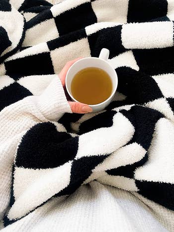 reviewer with the black and white throw blanket