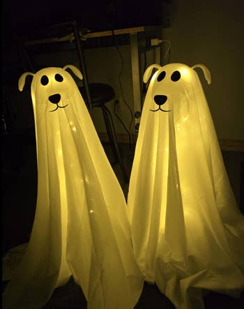 Two canine  sculptures covered successful  sheets with airy  inside, resembling glowing shade  dogs. They are displayed indoors