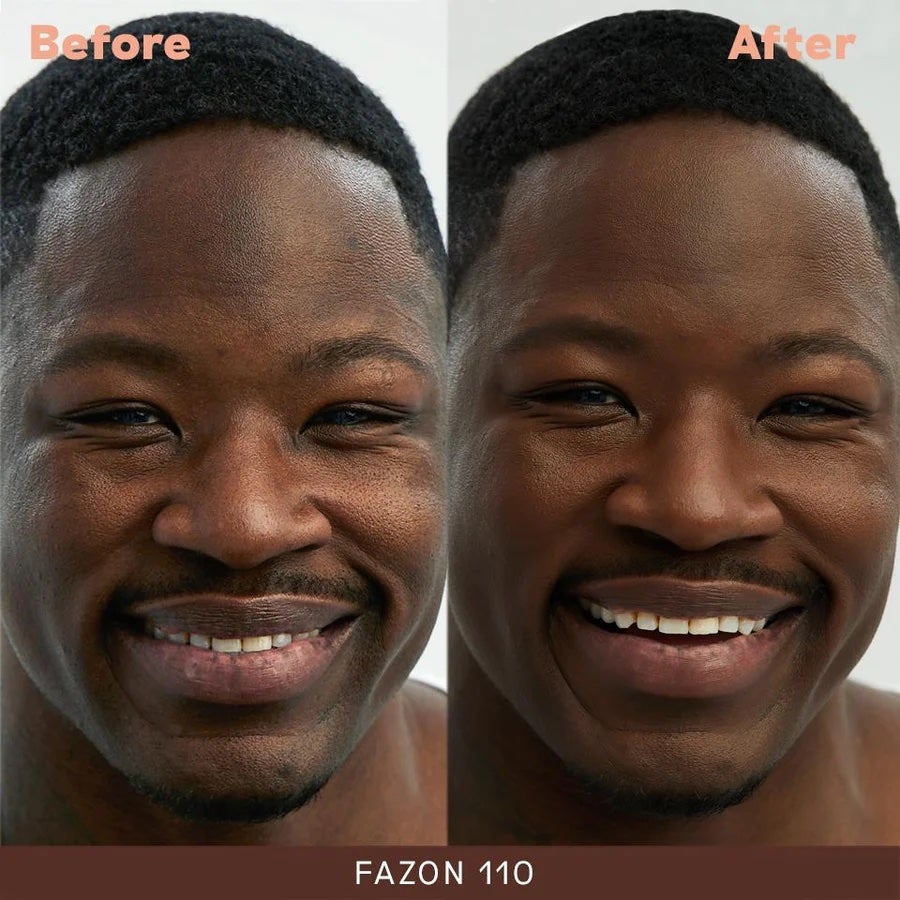 model before and after putting on medium coverage foundation