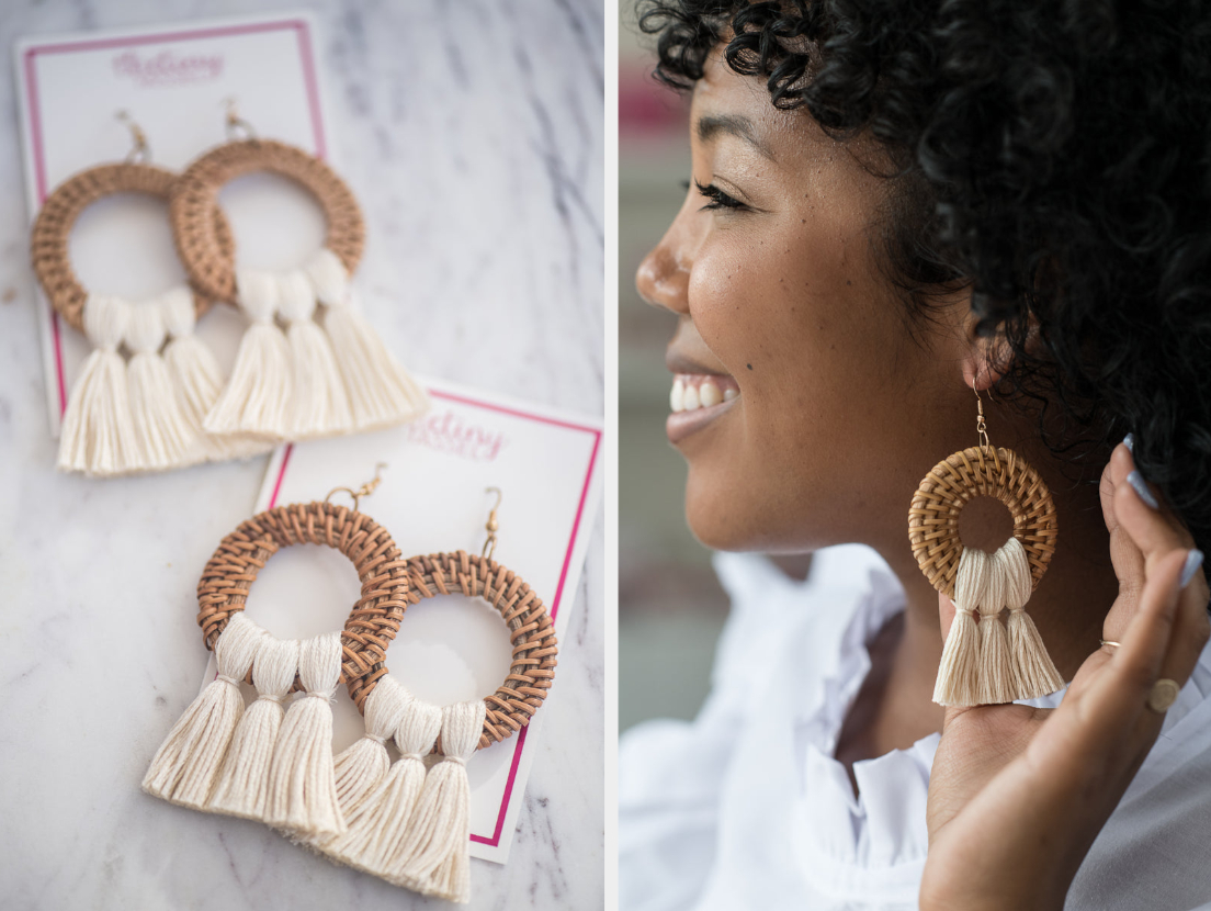 Two images of the brown and ivory hoop earrings