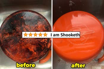 Very burnt bottom of a reviewer's orange pot labeled before, and same pot completely spotless labeled after, with reviewer screenshot reading 
