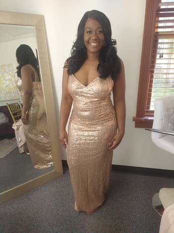 Reviewer in mermaid glittery rose gold maxi dress