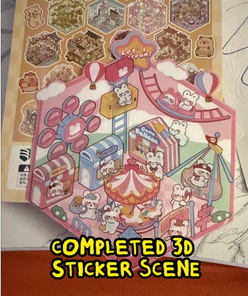 Completed 3D sticker country with bears astatine an amusement park, featuring rides and balloons. Background shows antithetic amusement parkland representation sections