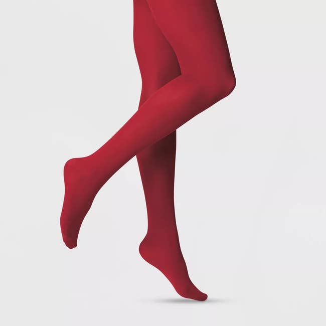 model in red opaque tights