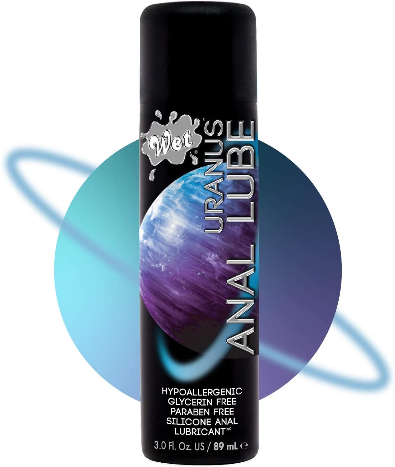 Bottle of black Wet Uranus lubricant with purple planet on logo