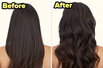 before and after of a model's straight hair and then their wavy hair, looking fuller