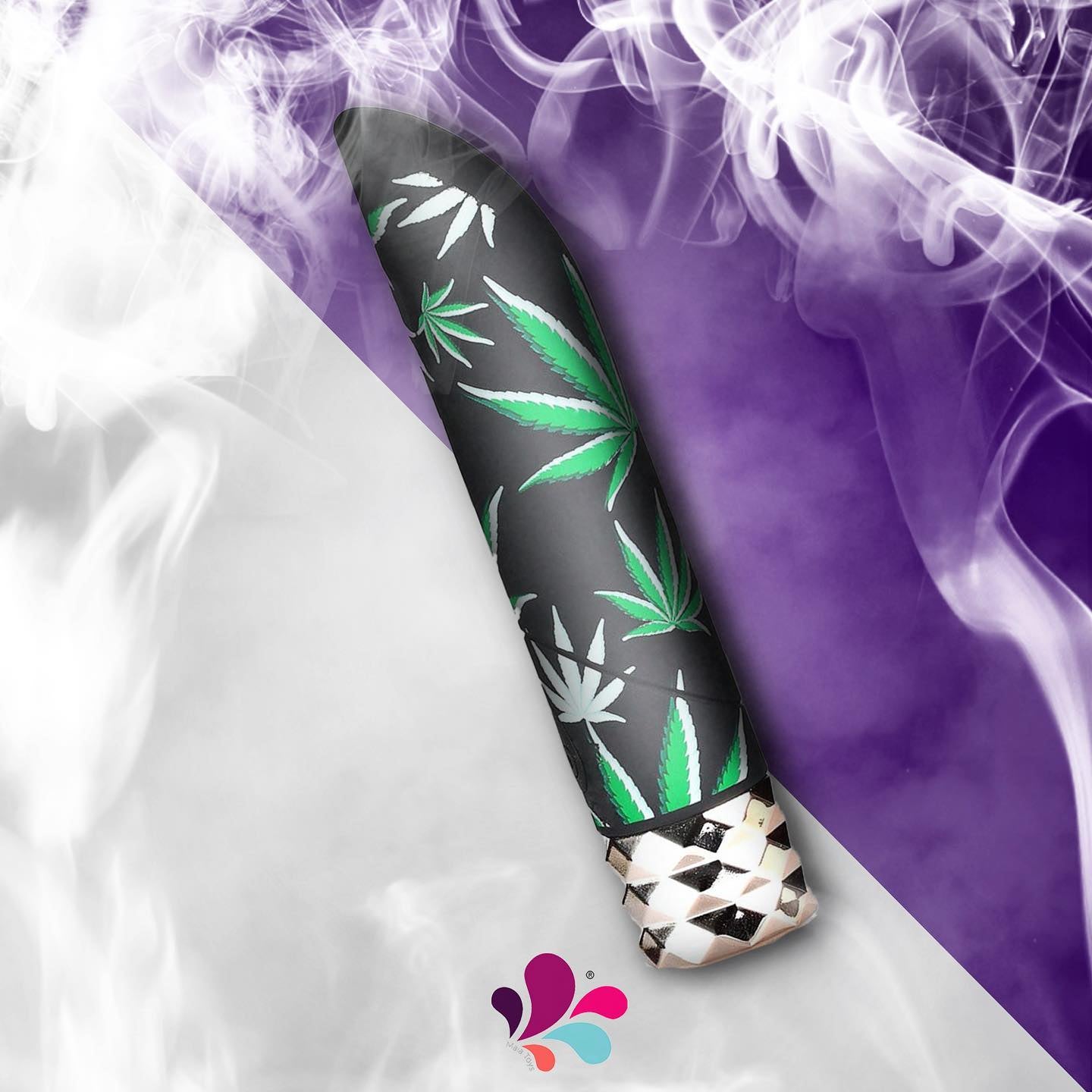Black dildo with green cannabis leaf design