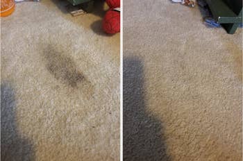 another reviewer's before photo with a dark stain an after photo of same carpet with stain completely removed