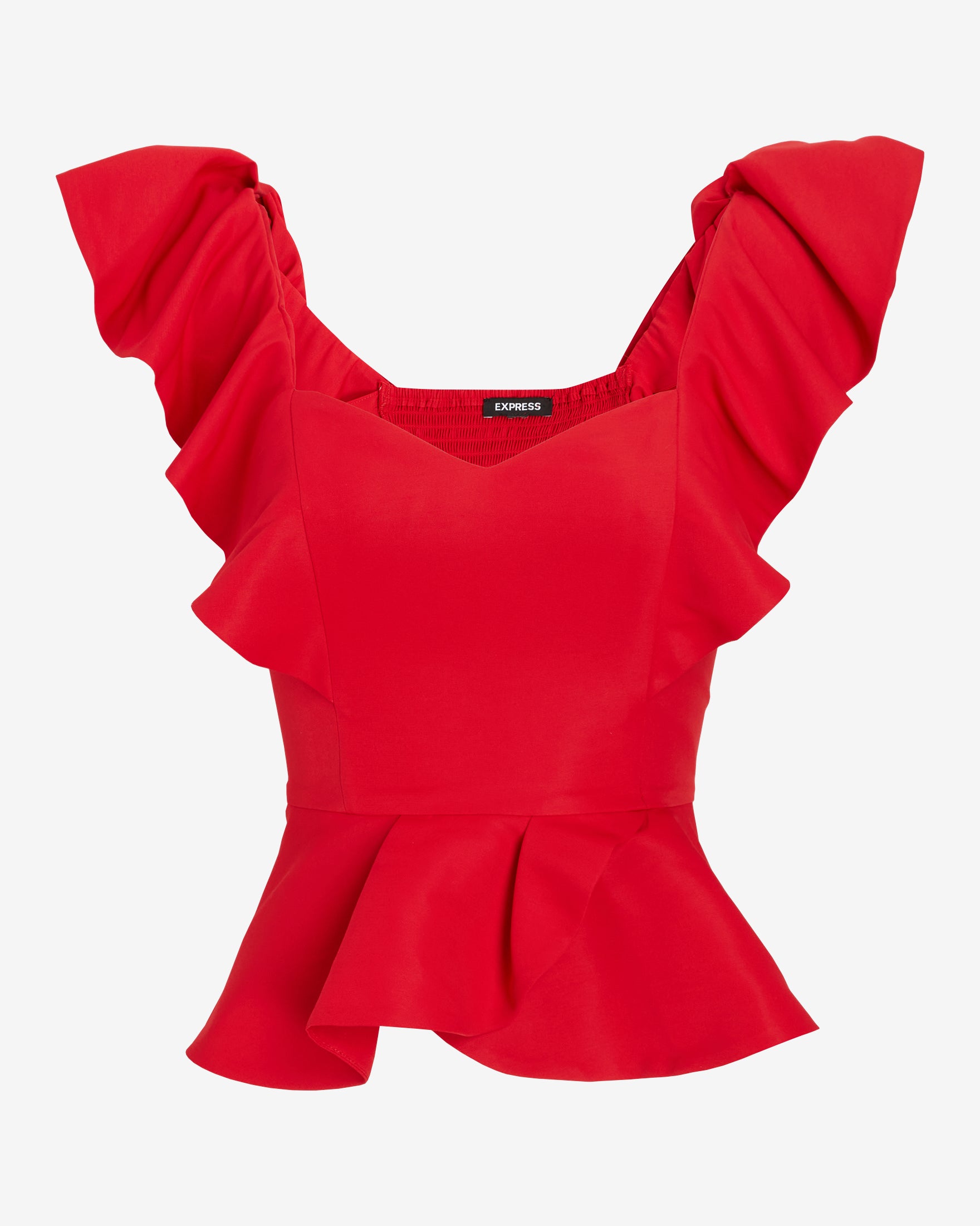 Red top with flutter sleeves and sweetheart neckline