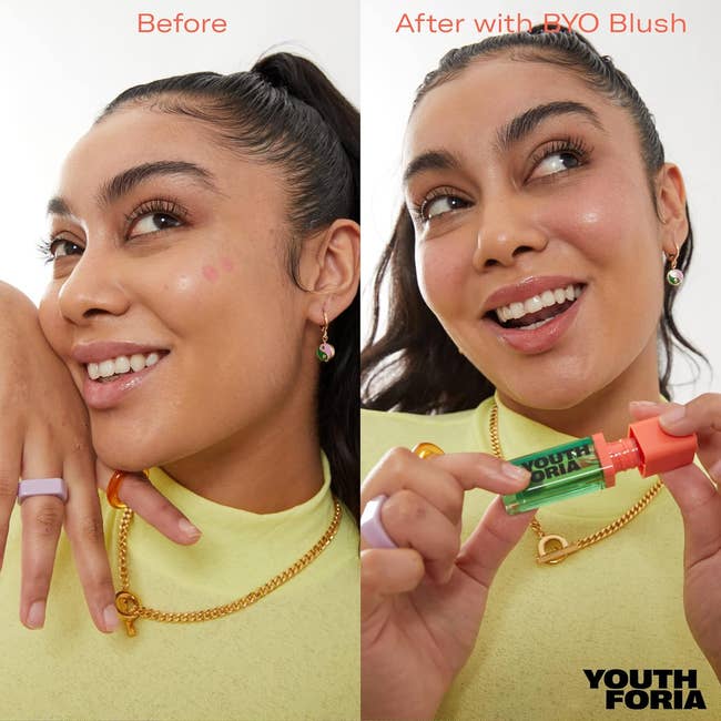 Woman demonstrating before and after results of BYO Blush, holding the product