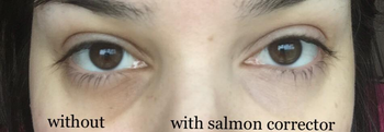 reviewer before and after applying the salmon color corrector to their under eyes, with a more evened-out complexion after