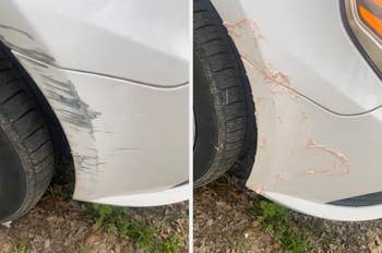 Scraped and scratched car bumper and tire; after picture of pink gunk removing the scratch 