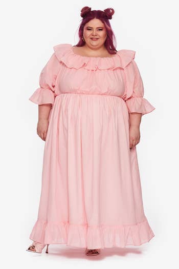 front view of the pink dress which is long length 
