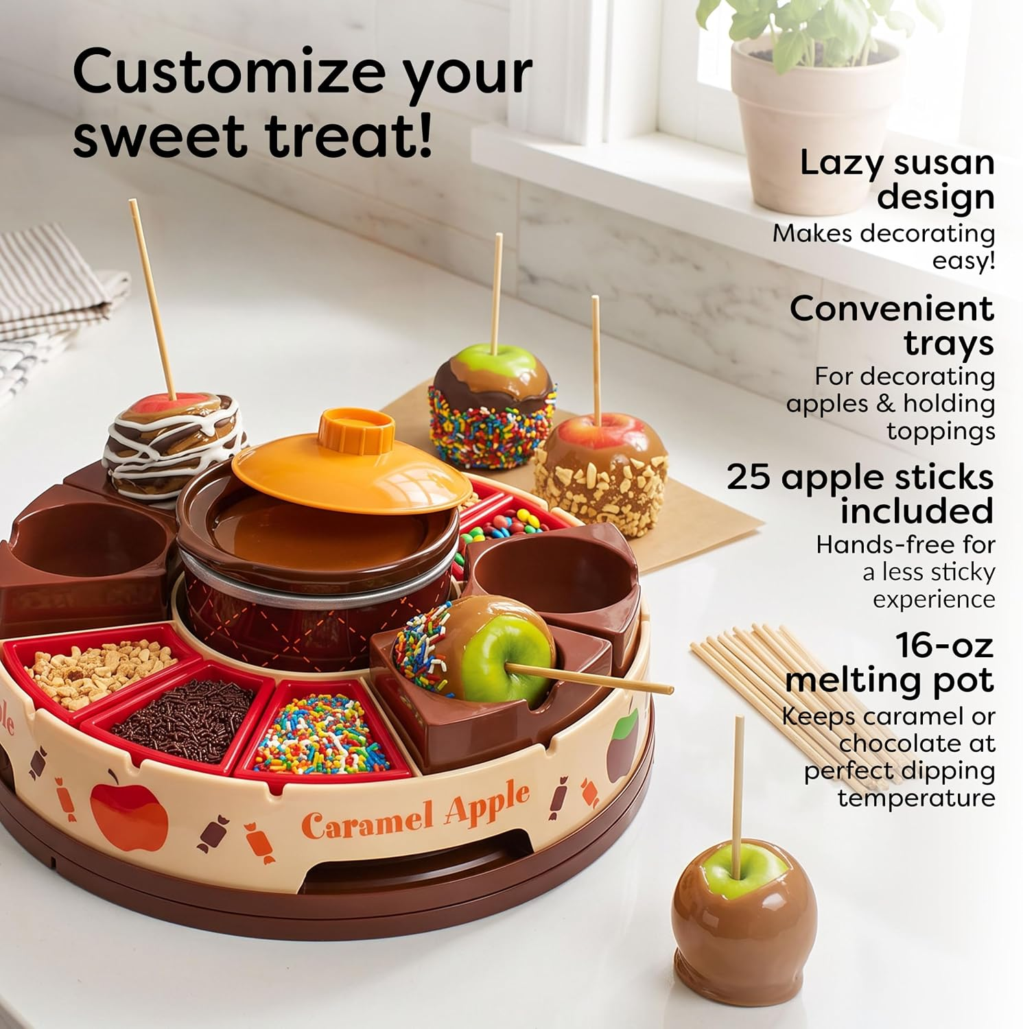 Caramel apple decorating kit with a lazy susan, trays for toppings, apple sticks, and a melting pot for easy caramel or chocolate dipping