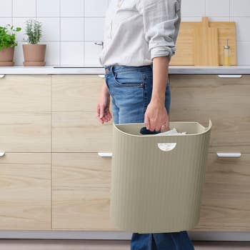 Person successful casual attire holds a modern, flexible discarded bin successful a minimalist room mounting with woody cabinets and tiny plants
