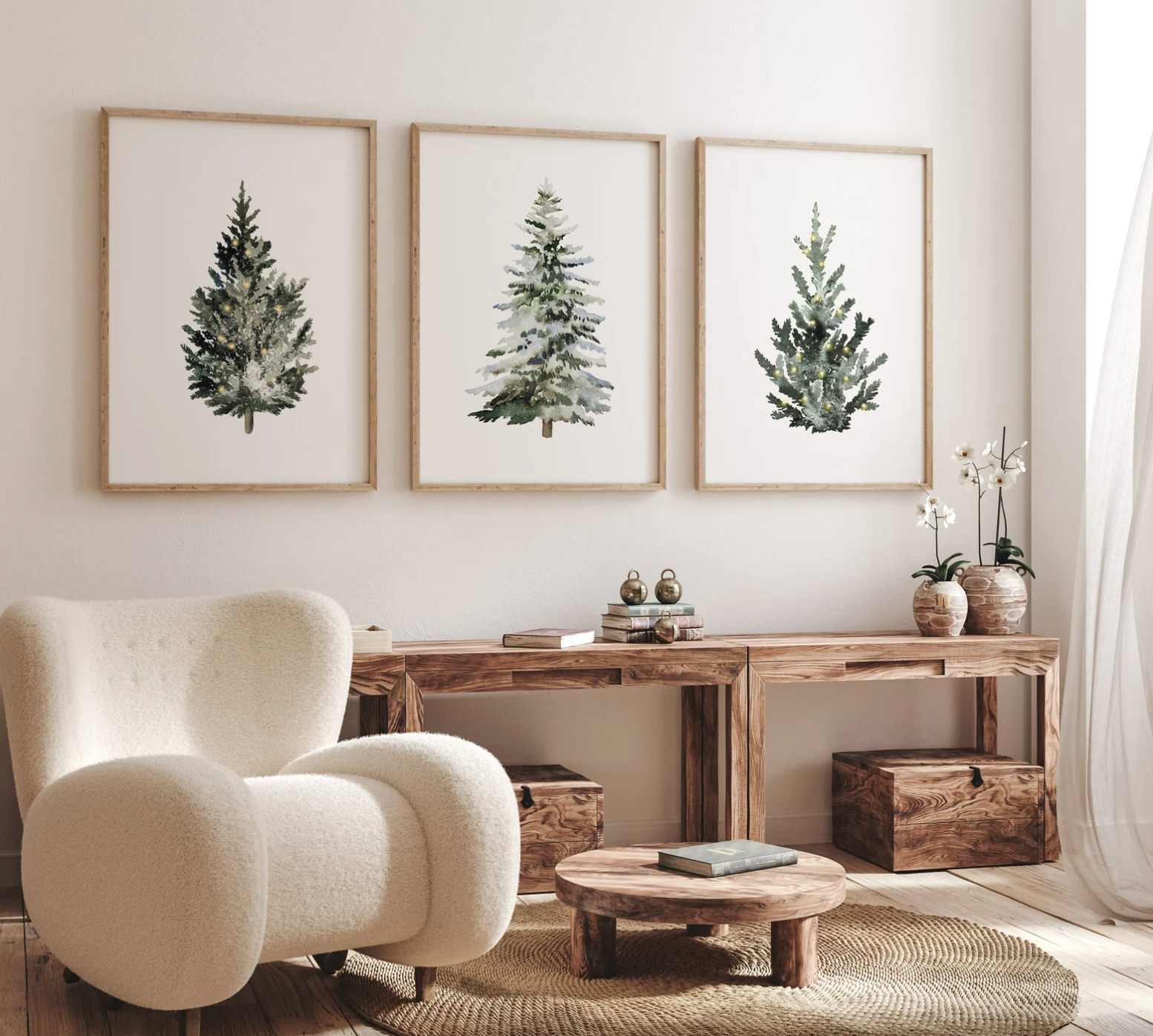 three framed tree prints