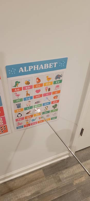 Alphabet illustration  with images for each   letter, similar  A for pome  and B for ball, connected  a partition  with a pointer touching the missive  M