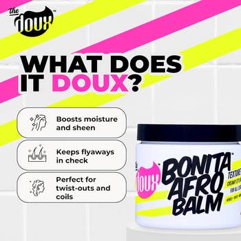 “What Does It Doux?” with merchandise features for Bonita Afro Balm, highlighting moisture, sheen, flyaway control, and styling suitability