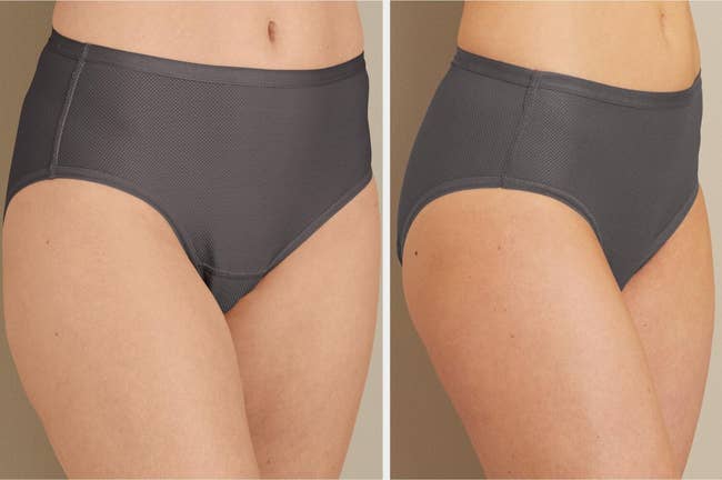 collage, front and side view of model torso wearing high-waisted gray brief undies