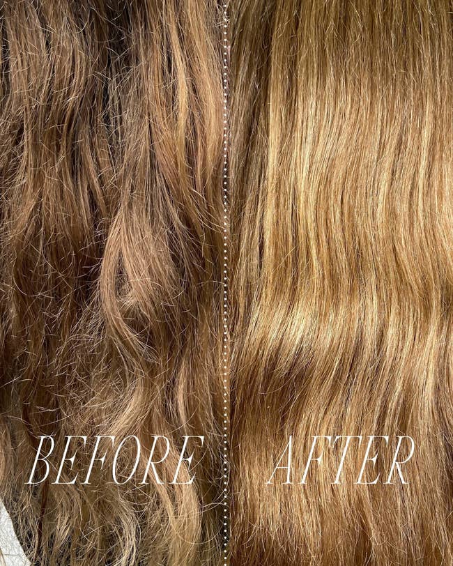 before and after images of a model with frizzy dull hair that becomes shiny and smooth