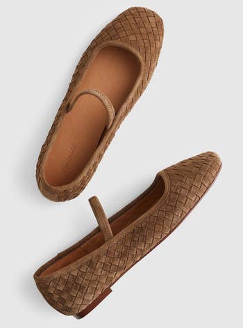 Woven brownish slip-on ballet flats with a textured plan and a subtle strap crossed the top
