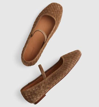 Woven brown slip-on ballet flats with a textured design and a subtle strap across the top