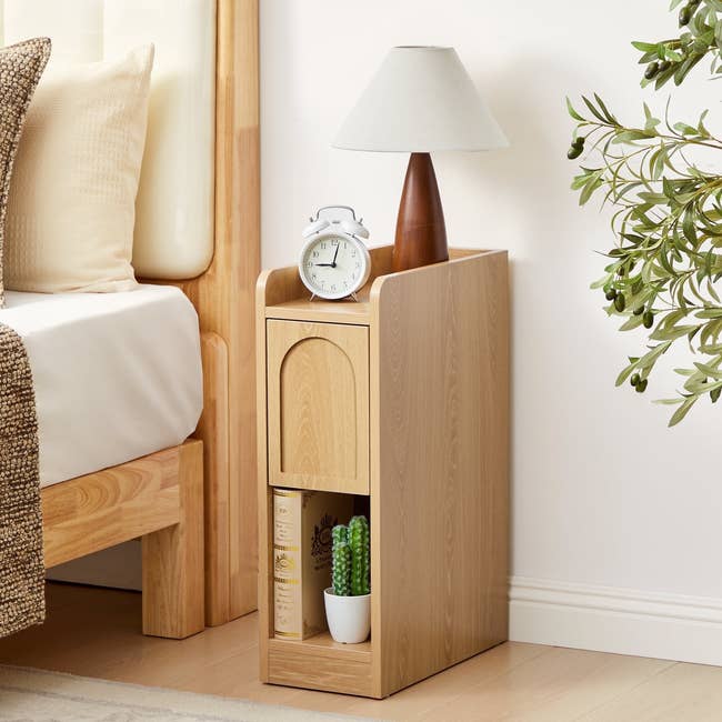 Wooden bedside array with books, a tiny plant, a achromatic array lamp, and a achromatic alarm timepiece connected top