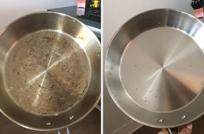 Dirty pan with burnt on stains/same pan now clean