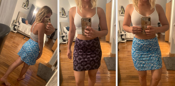 Three images of reviewer wearing blue and purple mini skirts