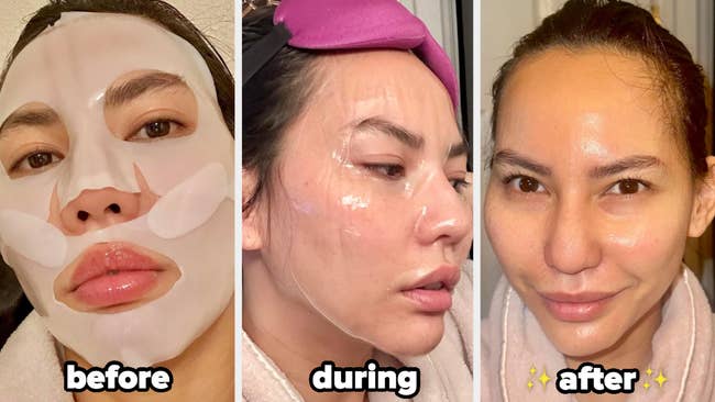 three panels showing the collagen look disguise successful use, and however glowy the reviewer's tegument looks afterward