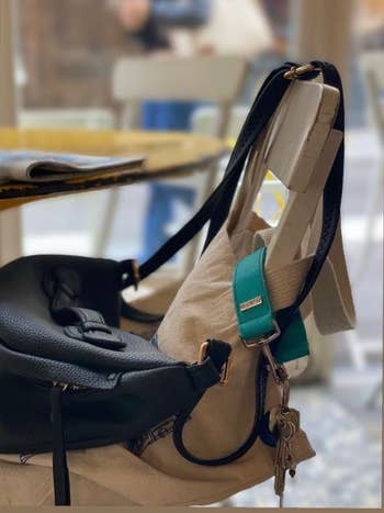 bag attached to chair with the lanyard keychain
