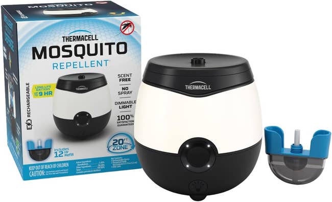 Mosquito repellent device next to packaging and refill, designed for insect-free zone creation