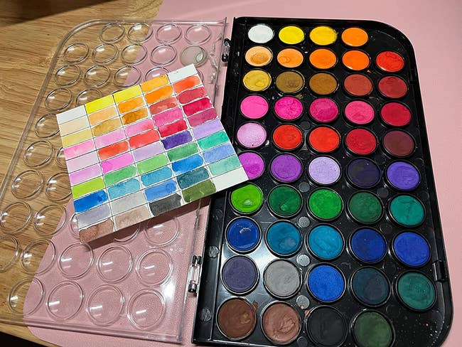A reviewer's water color set with a piece of paper where they tested the colors