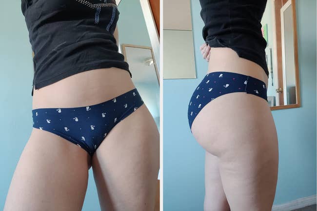 collage of reviewer photos, front view and side view, wearing navy blue undies
