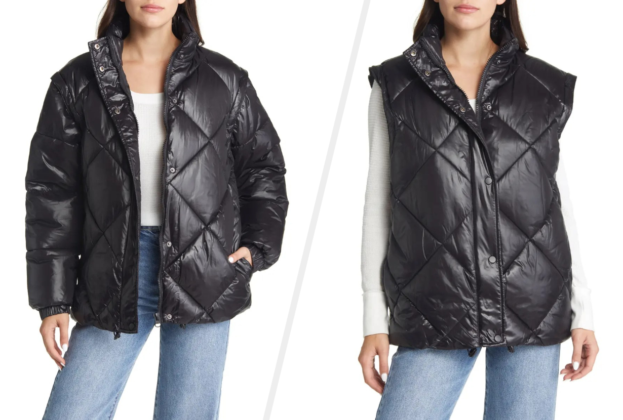 two images of a model wearing the black jacket and vest