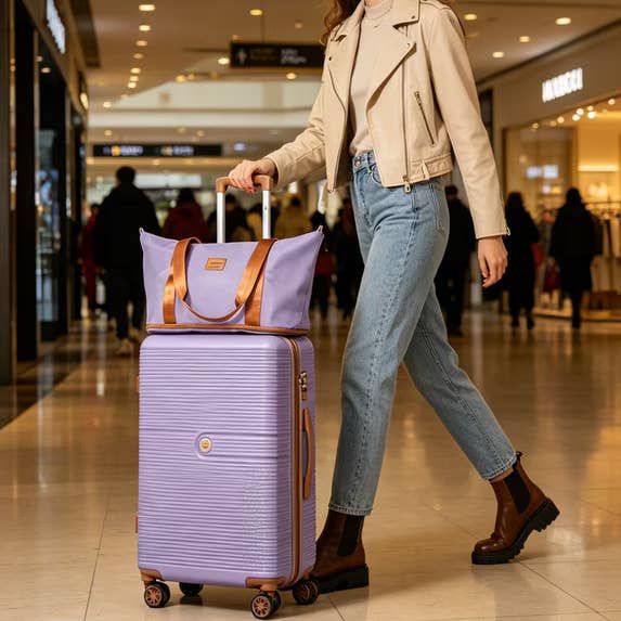 Person successful  a buying  promenade  walking with a stylish suitcase and matching carry-on bag, wearing a beige jacket, jeans, and brownish  boots