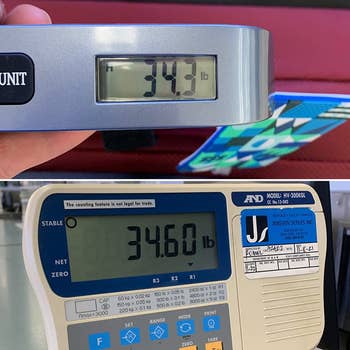 reviewer split image of the scales weight reading and the airport scale reading with the at home scale being only .3 pounds off