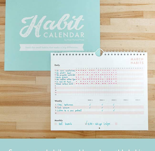 A calendar with spots for daily, weekly, and monthly habit tracking 