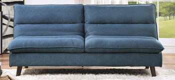 the blue sofa in its upright position