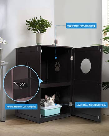 product image showing a brown two level litter box with the actual box on bottom level and a hole at the top for them to come in